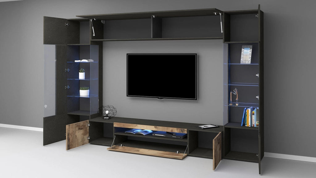 Parete Attrezzata Soggiorno 290x40x190 cm New Egypt Ardesia/Acero Pereira