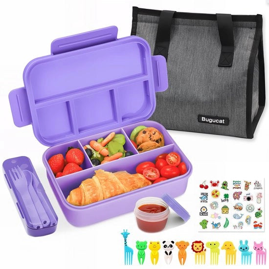 Lunchbox con compartimenti 1300ML, impermeabile per bambini con sacchetto per pranzo, bentobox con set di utensili e forchetta per frutta per adulti, lunchbox box colazione per ragazzi e ragazze, blu