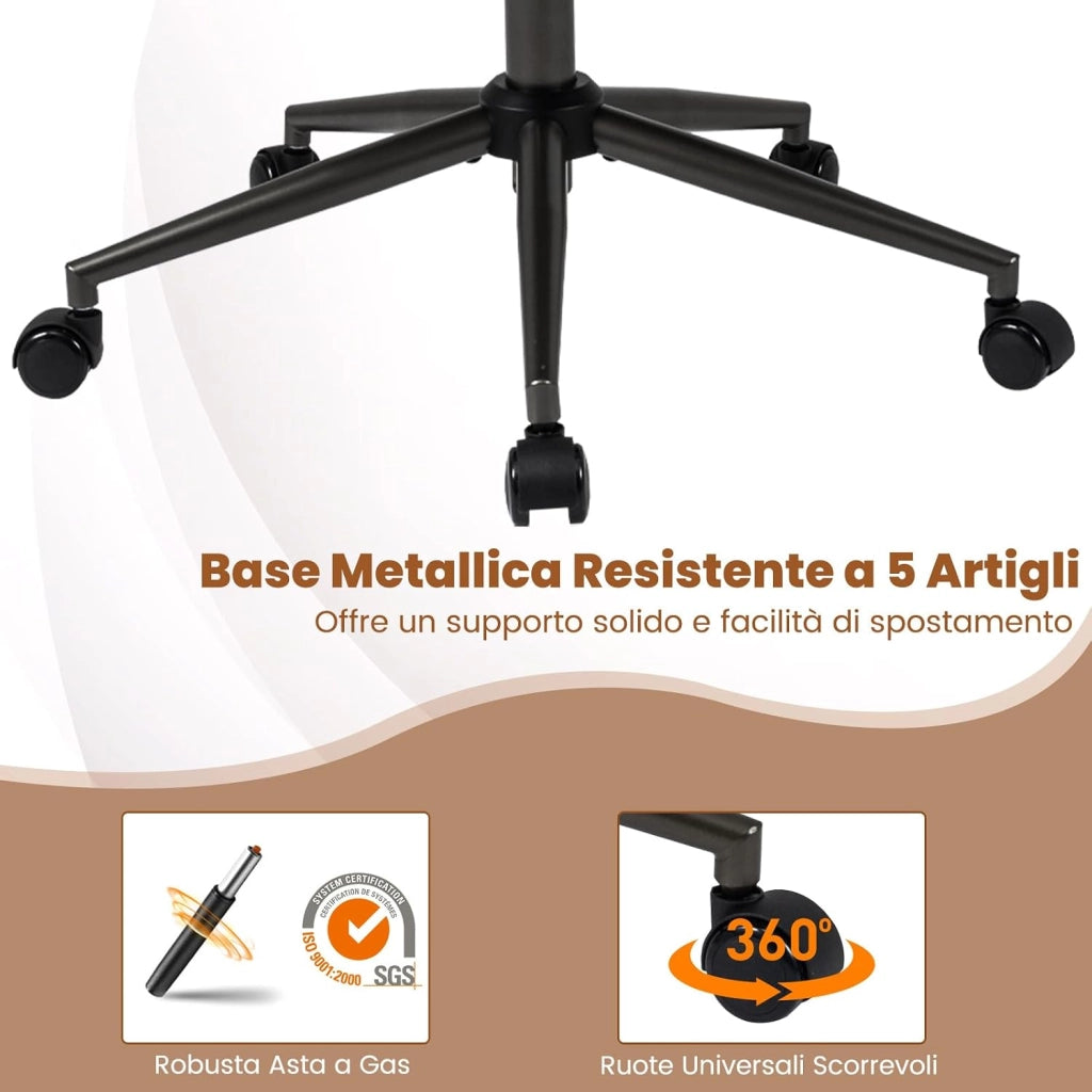 Sedia da Ufficio Ergonomica, Sedia da Scrivania in Tessuto di Lino con Poggiatesta 2D, Schienale Oscillante e Ruote, Poltrona da Lavoro Regolabile Girevole, Portata 150 kg (Marrone)