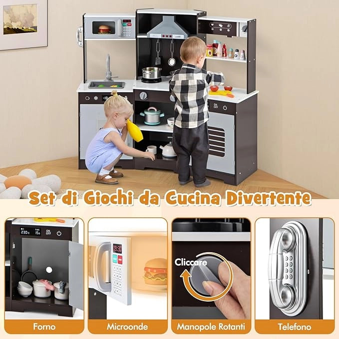 Cucina Giocattolo per Bambini, Cucina Legno per Bambini Con Forno, Microonde, Macchina del Ghiaccio, Macchina per Caffè, Lavello e Rubinetto, Con Suoni e Luci, per Bambini 3+ Anni (Marrone)