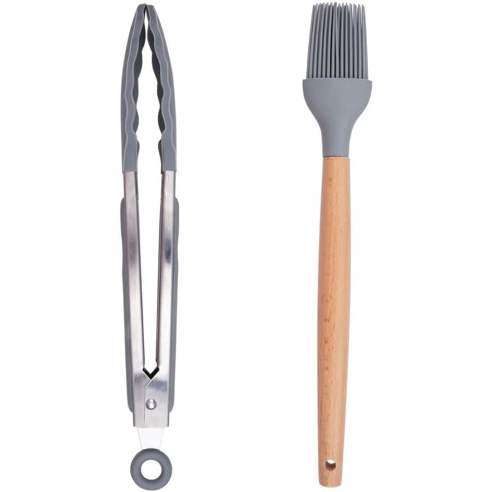 Set Utensili da Cucina Grigio e Supporto 12 Pezzi Utensili Silicone Manico Legno