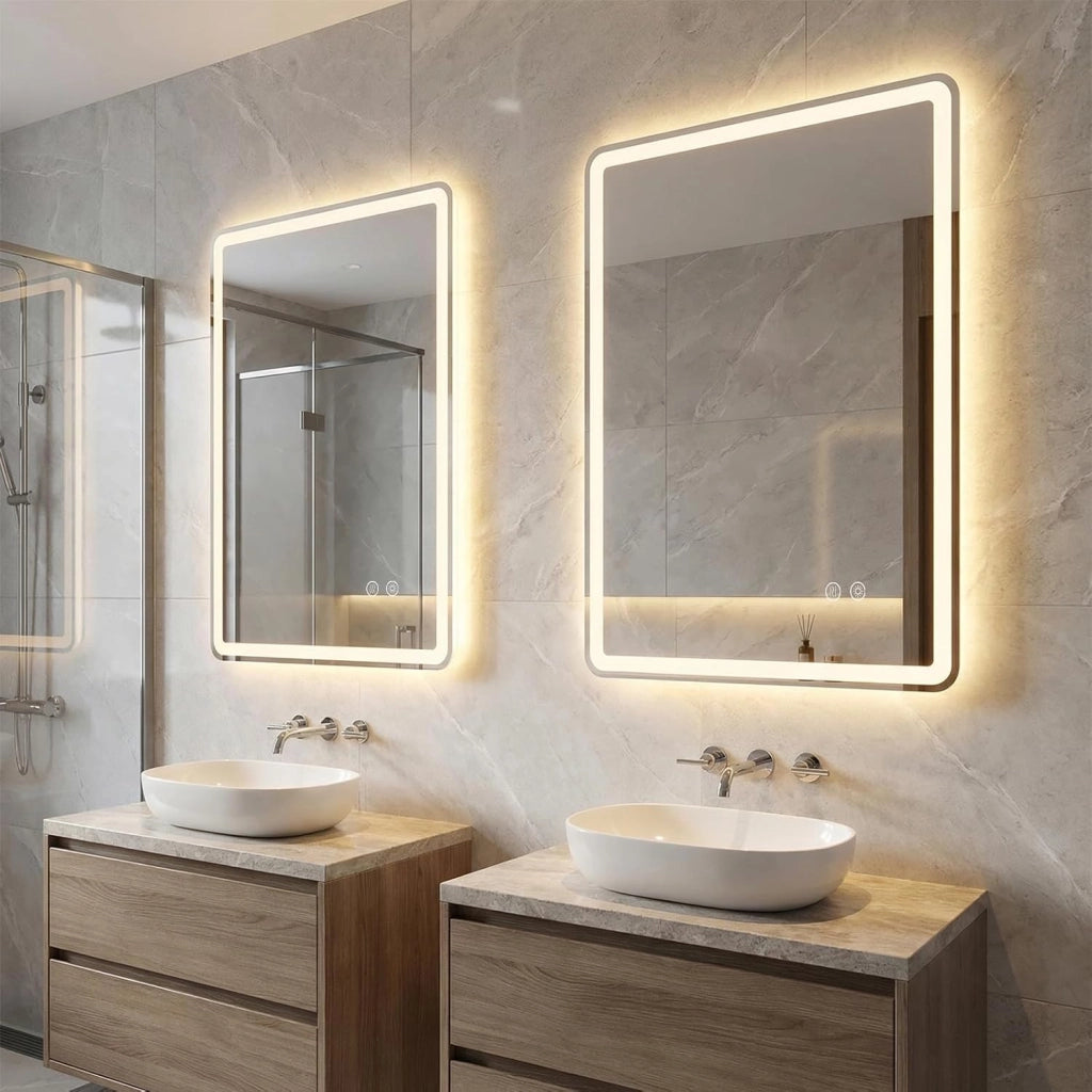 Specchio da Bagno LED 70 x 50 cm, Vetro Temperato Antiesplosione, Specchio da Parete Retroilluminato Dimmerabile con 3 Colori di Illuminazione e Anti-Appannamento (70 x 50 x 3 cm)