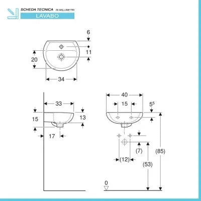 Lavabo sospeso 40 cm Geberit in ceramica lucida  Colibrì