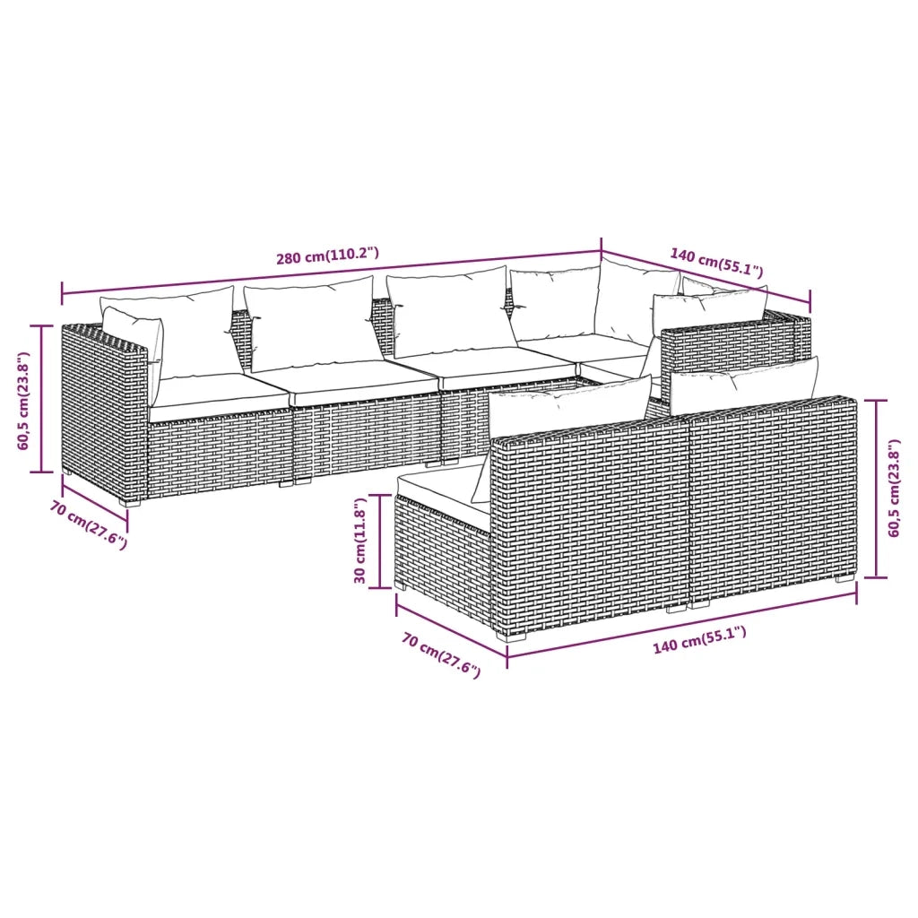 Set Divani da Giardino 7 pz con Cuscini in Polyrattan Marrone cod mxl 39054