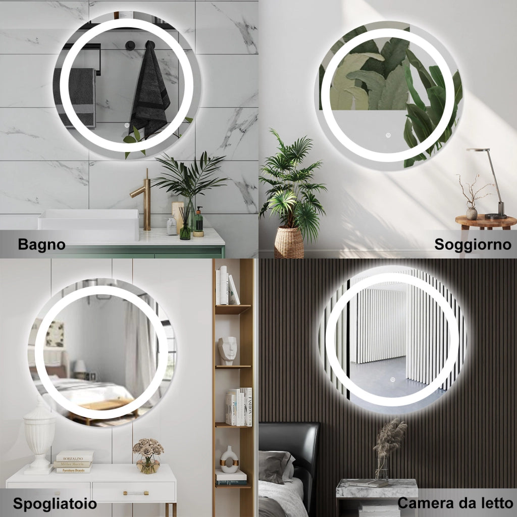 AICA Specchio da bagno 60 x 60 cm, antiappannamento, dimmerabile, interruttore touch, Funzione Memoria