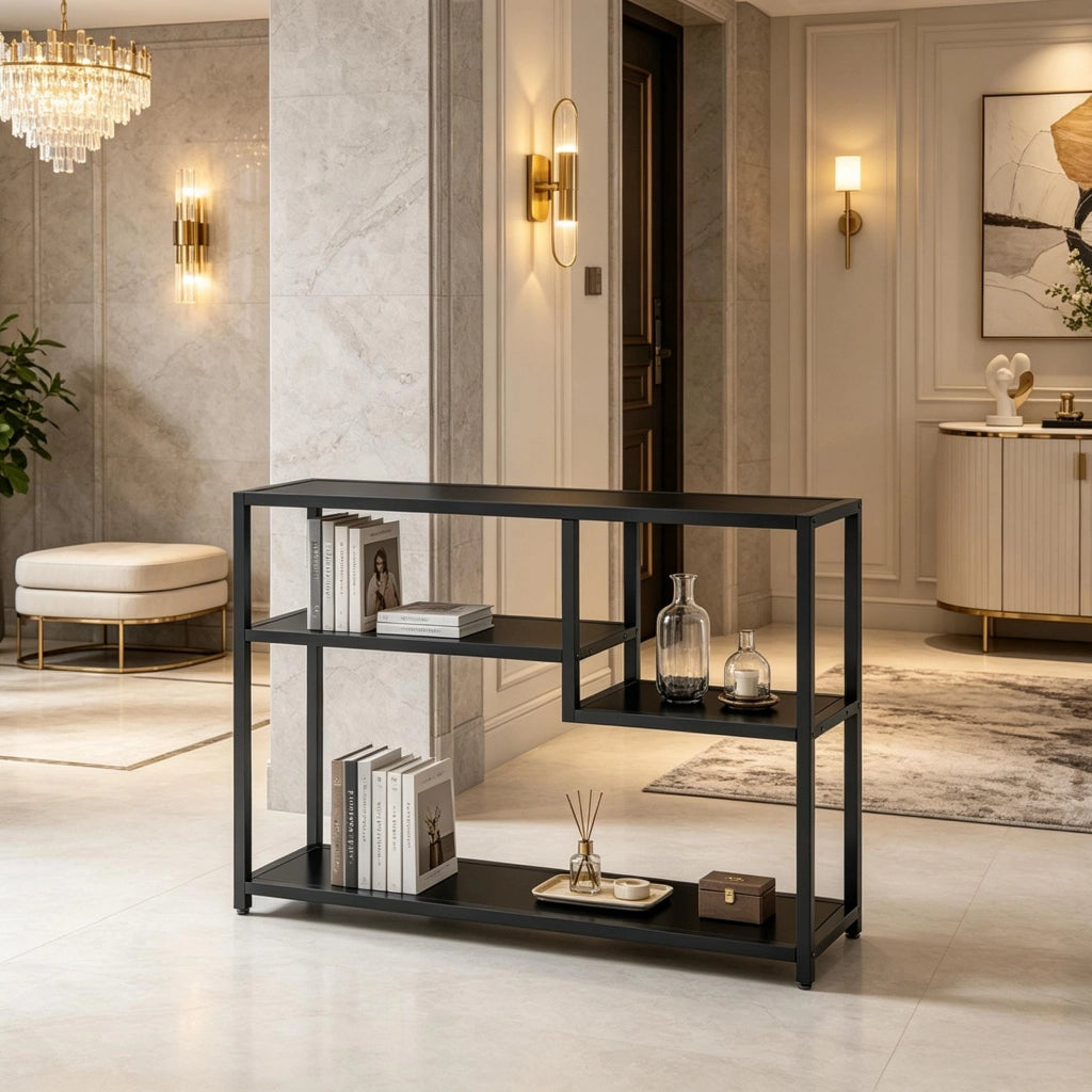 Tavolo consolle 110x30x85 cm con 4 ripiani in metallo e legno nero