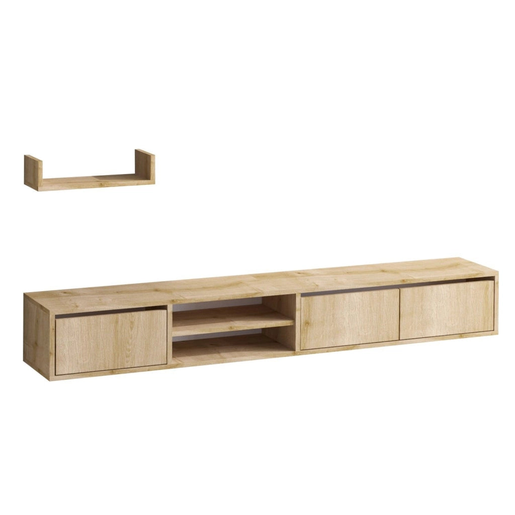 Mobile TV sospeso "Heka" con ripiano in legno - 180 x 30 x 25 cm - Beige