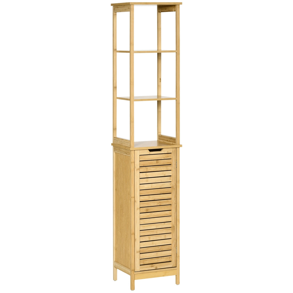 Mobile Bagno a Colonna in Bambù con 3 Ripiani e 1 Credenza Design a Doghe Salvaspazio 34x30x173cm