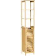 Mobile Bagno a Colonna in Bambù con 3 Ripiani e 1 Credenza Design a Doghe Salvaspazio 34x30x173cm