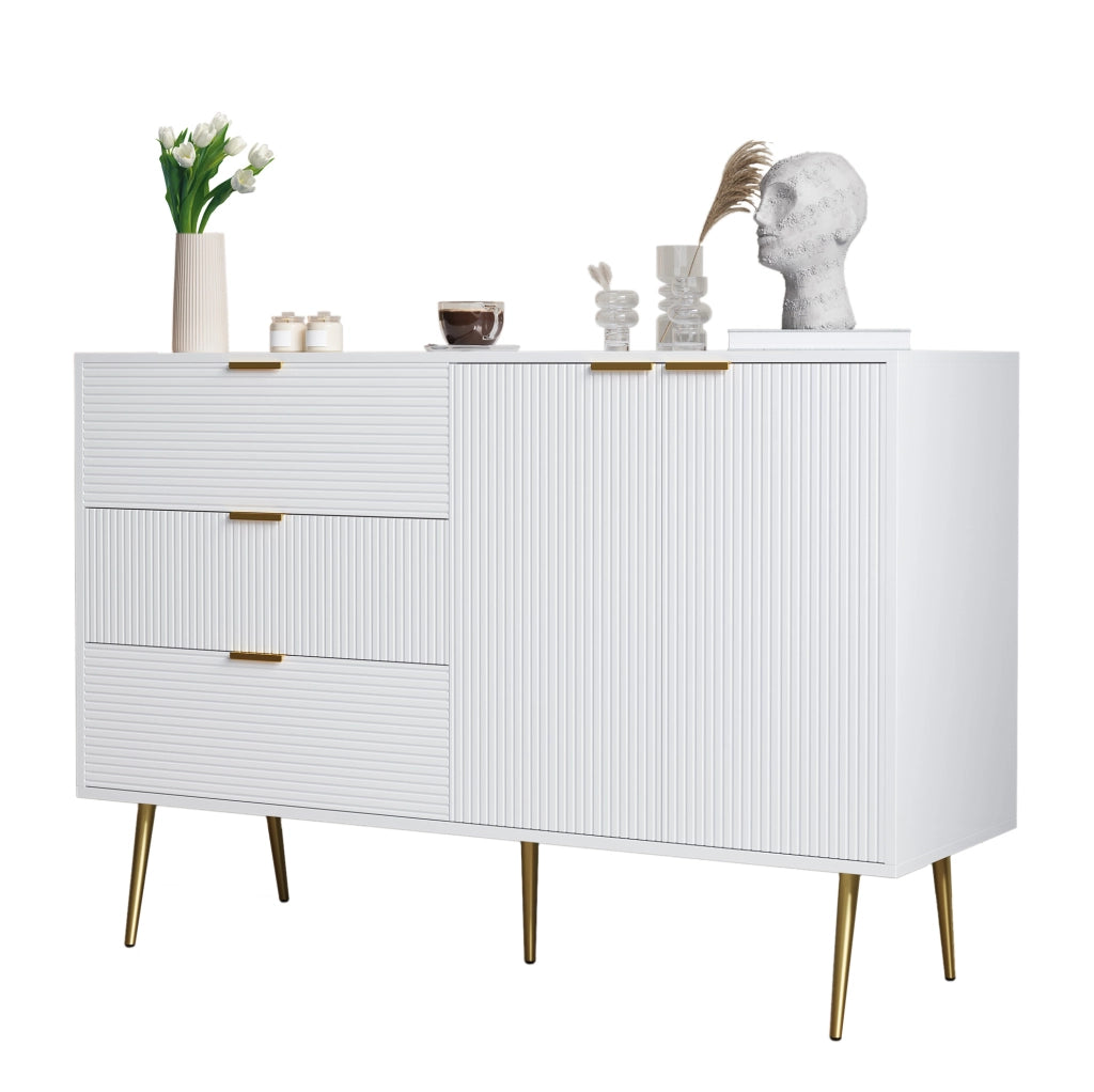 Credenza 120x38x80;5 cm in MDF bianca e oro con 3 cassetti; 2 ante e ripiani