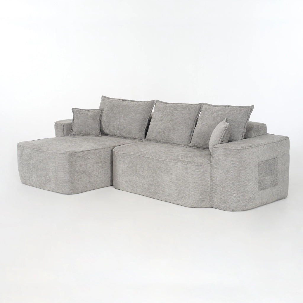 Divano angolare modulare con chaise longue, senza montaggio, tasche laterali, in Ciniglia Grigio 262 × 144 × 65 cm