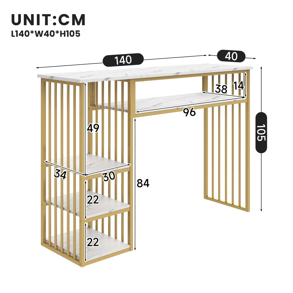 Tavolo da bar con ripiani aperti e struttura in metallo, piano in MDF effetto marmo, per cucina e sala da pranzo, 140 × 40 × 105 cm