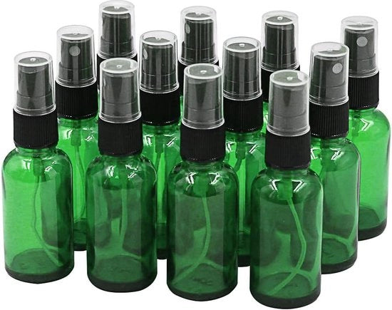 Spruzzatori di vetro UV-resistente con diffusore fine, 12 x 30 ml, ideali per oli essenziali, profumi e trattamenti capillari (verde)