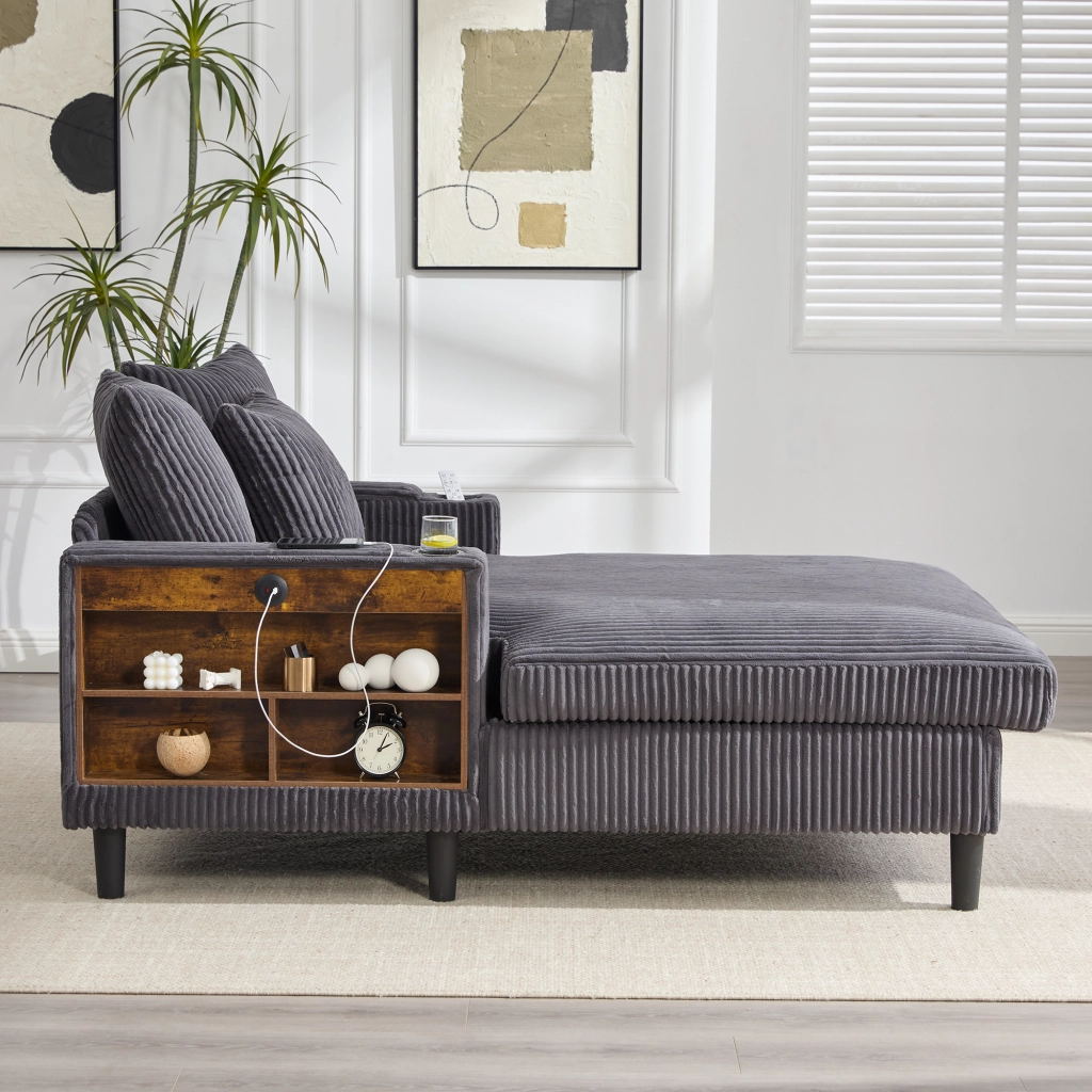 CHAISE LONGUE 129x170x70 cm in corduroy grigio scuro con LED, USB e contenitore