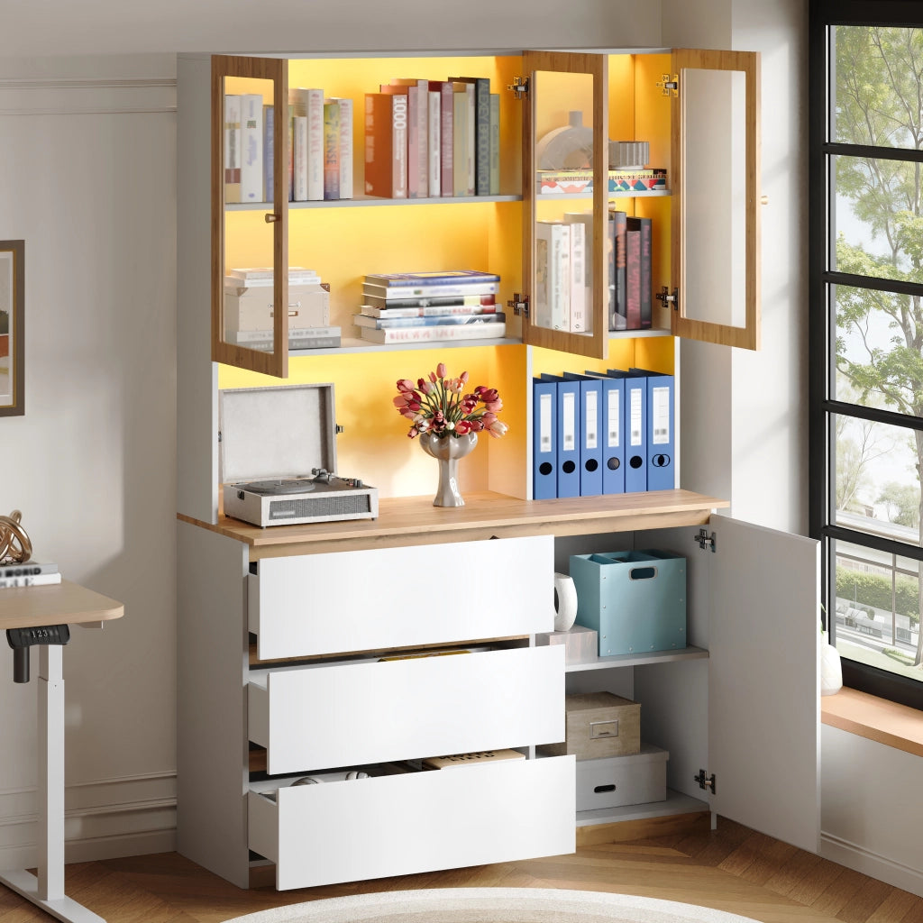 Vetrina alta con LED, 1 anta, 3 cassetti e vani aperti, per soggiorno e cucina, in MDF, bianco e rovere, 120 × 200 cm