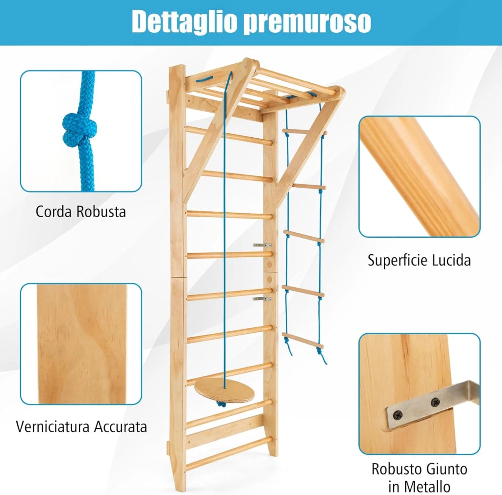 Spalliera Svedese in Legno, Scala Svedese Adulti e Bambini con 13 Barre, Scala a Corda e Trapezio Rotondo, Spalliera per Fitness e Fisioterapia da Palestra e Casa, Portata 100 kg