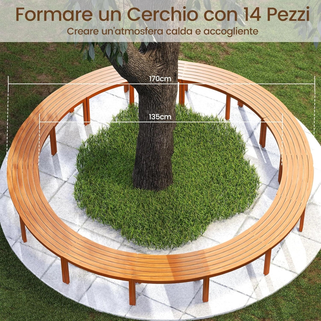 Set da 2 Panchine Curve in Legno di Acacia, Panchina Senza Schienale con Portata 360, Panca da Esterno per Veranda, Terrazza, Giardino e Fuoco da Campo (4)
