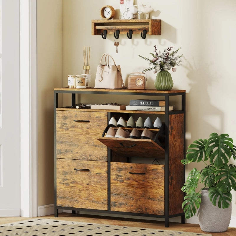 Scarpiera con 4 ante ribaltabili e ripiano aperto, stile industriale, per ingresso, in legno, 98 × 24 × 95 cm