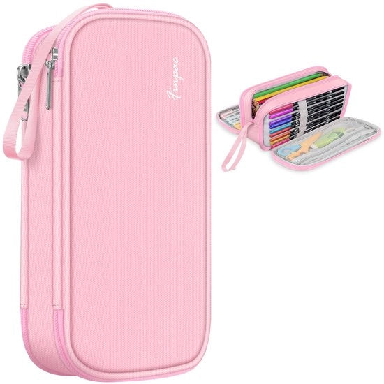 Etui per matite - Grande borsa con 3 compartimenti, borsa per matite, borsa per scuola e ufficio (rosa)