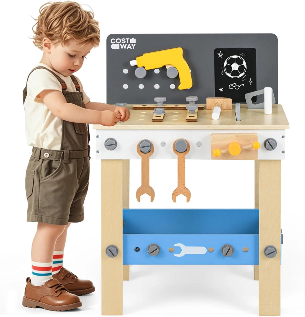Banco Lavoro Bambini con Set di Attrezzi, Banco da Gioco in Legno con Lavagna e Strumenti da Lavoro, Piano di Lavoro con Trapano, Martello e Chiavi, 51 x 28 x 72 cm, per Bambini 3 + Anni