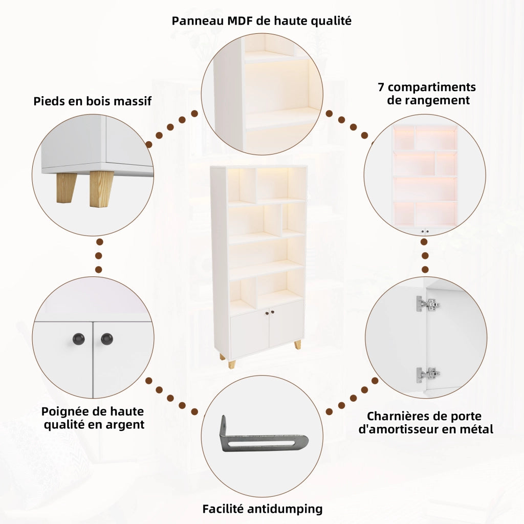 Libreria con 2 Ante e 7 Vani; LED Multicolore; Piedini in Legno Massello; in MDF; 80×30×173 cm; Bianco