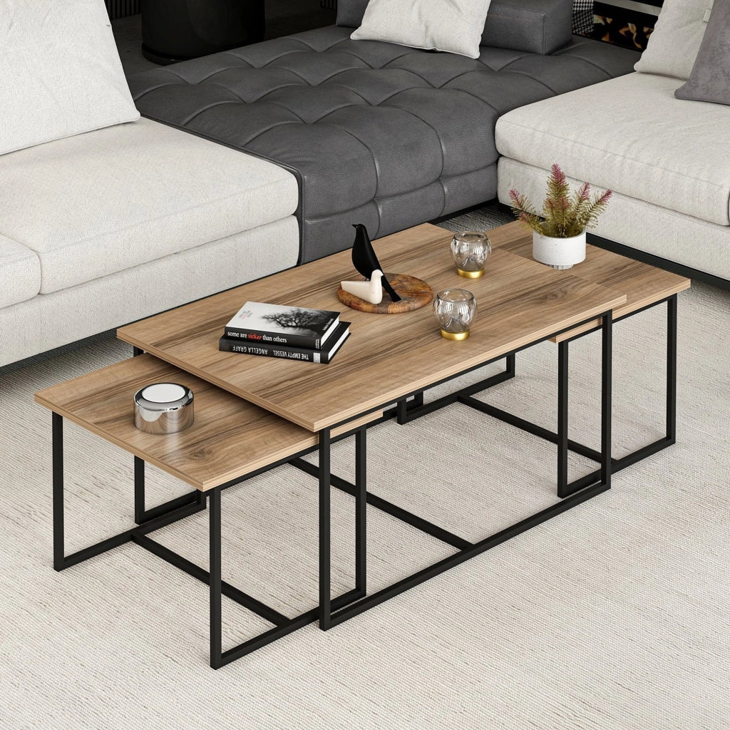Calco, Tavolino da Salotto set 3 Pezzi Modulabili, 90x60x42h cm Marrone Noce