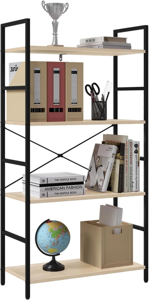 Libreria a 4 Livelli, Scaffale in Piedi con Struttura in Metallo, per Soggiorno, Camera da Letto, Cucina, Ufficio, Studio, Rovere Chiaro + Nero