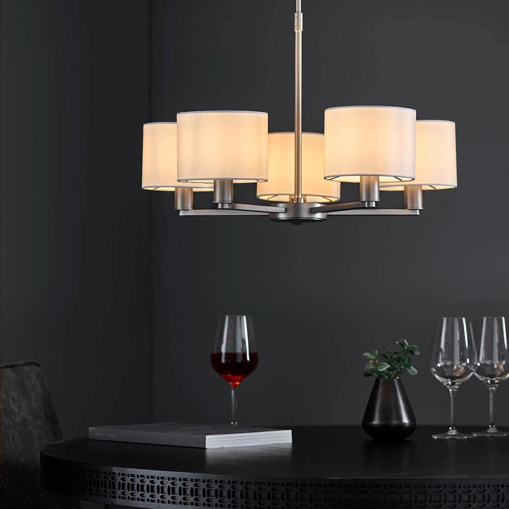 Lampadario 5 luci nichel opaco paralumi bianco E14
