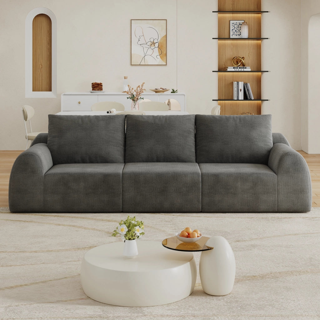 Divano lineare senza struttura in tessuto chenille e schiuma ad alta elasticità grigio scuro