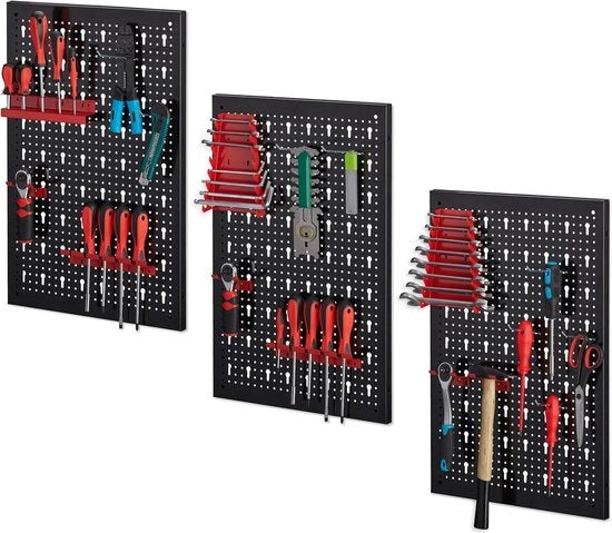 Pannello per strumenti a 3 pannelli con set di 17 ganci - Altezza 60 cm - Larghezza 39 cm - Metallo - Nero-rosso