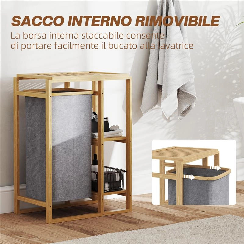 CESTO PORTABIANCHERIA CON BORSA ESTRAIBILE E RIPIANI A DOGHE IN BAMBÙ 50X32X70 CM GRIGIO