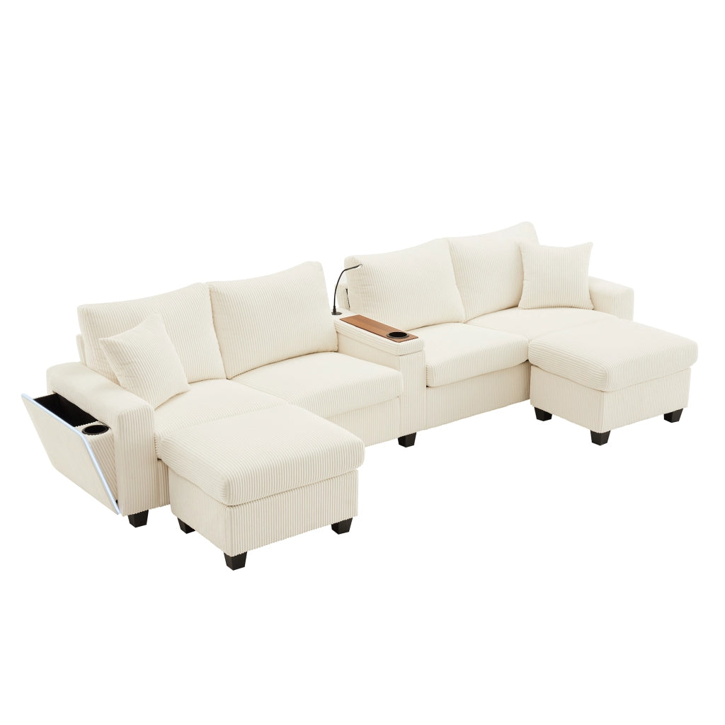 Divano ad U in Velluto a Coste con Poggiapiedi, Luce LED e USB ¨C MINIMAL ¨C Beige, 334x128.5x81 cm