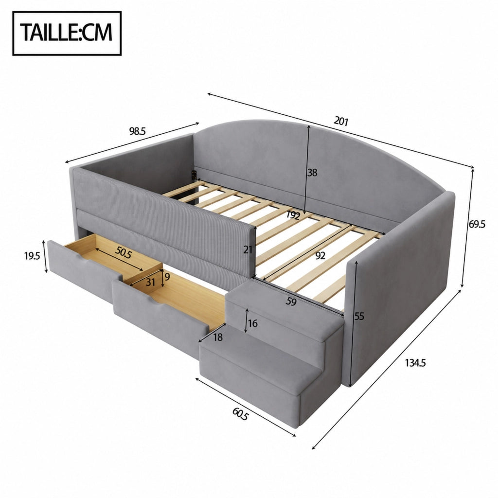 DESMIU Letto singolo 90 × 190 cm con 2 cassetti, sponde e gradini, senza materasso, in velluto, grigio chiaro