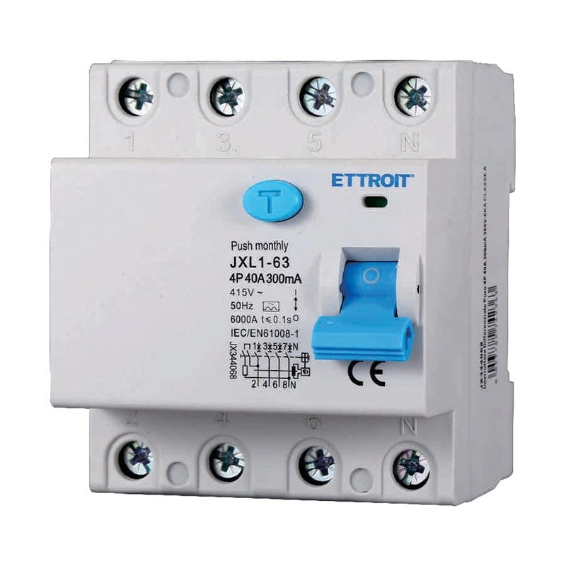ETTROIT RCCB Interruttore Differenziale Puro Tipo A 3P+N 4M 6000A 300mA 40A AC 400V IP20 IEC61008-1