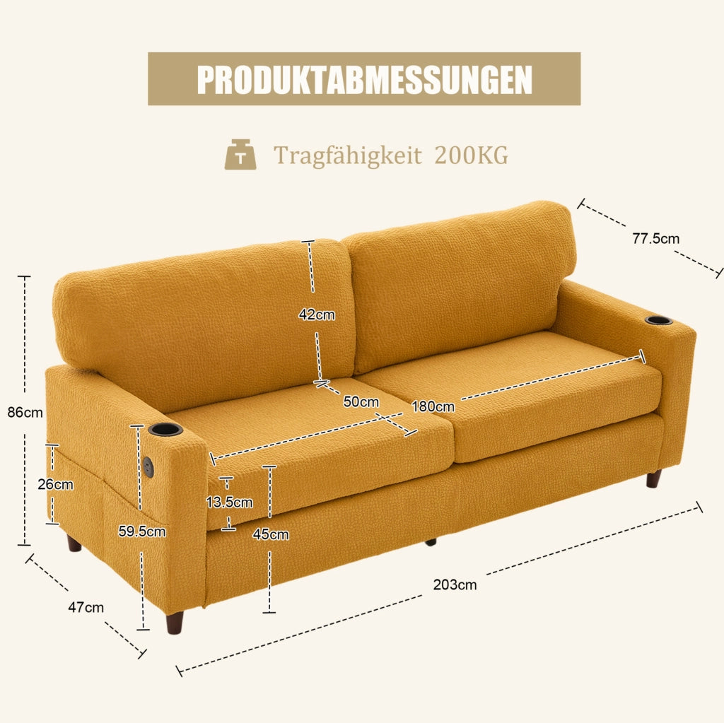 Divano 2 posti ULEVR 203 cm in ciniglia giallo senape con USB-C, LED regolabile, portabevande e tasche laterali