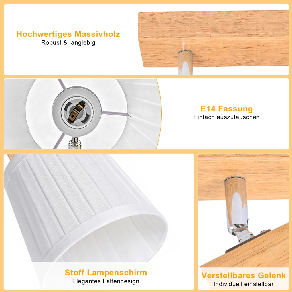 ZMH Faretto da soffitto 4 Luci Legno E14 Boho Bianco Tessuto Orientabile 350¡ã per Corridoio Soggiorno Senza Lampadina