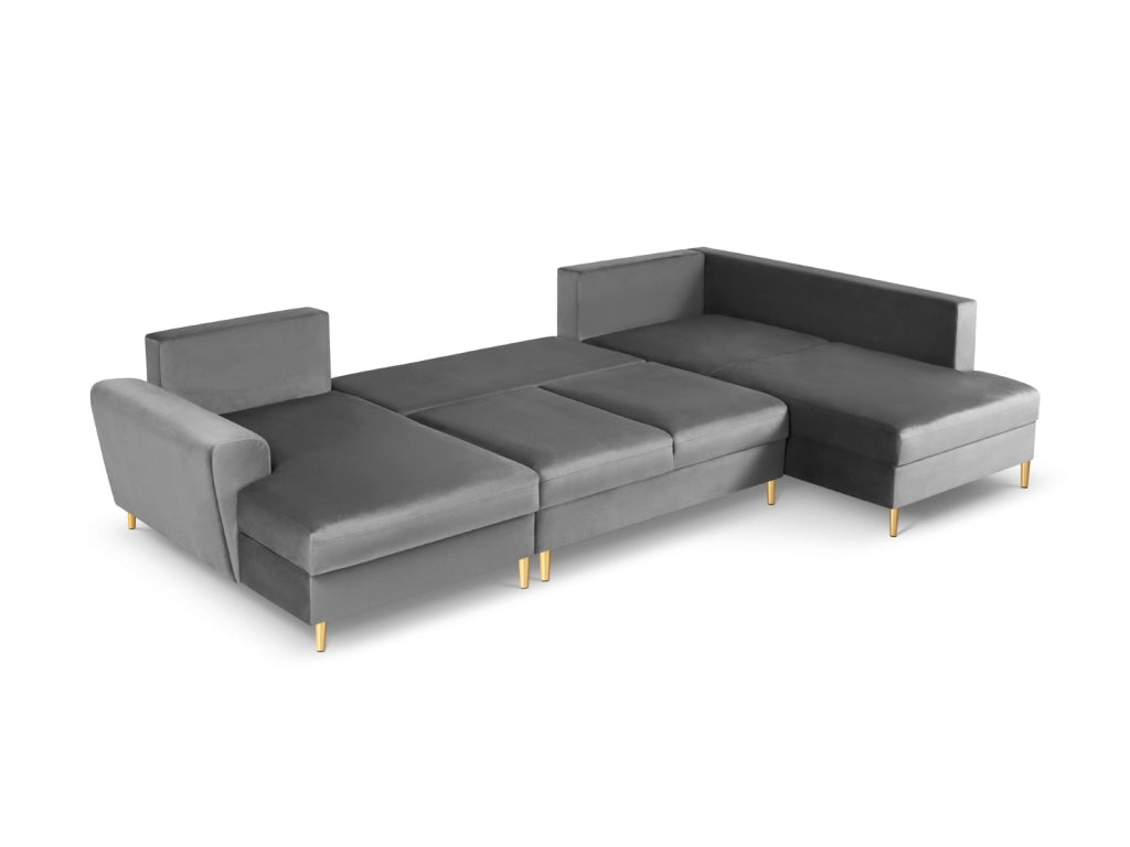 Cosmopolitan Design - Divano panoramico convertibile destro con contenitore "Kyoto" 7 posti in velluto grigio chiaro 