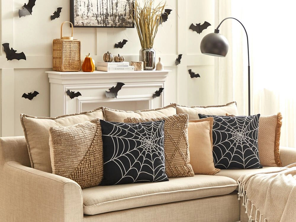 Cuscino decorativo in velluto nero motivo ragnatela 45 x 45 cm quadrato moderno accessori per la decorazione autunnale di Halloween
