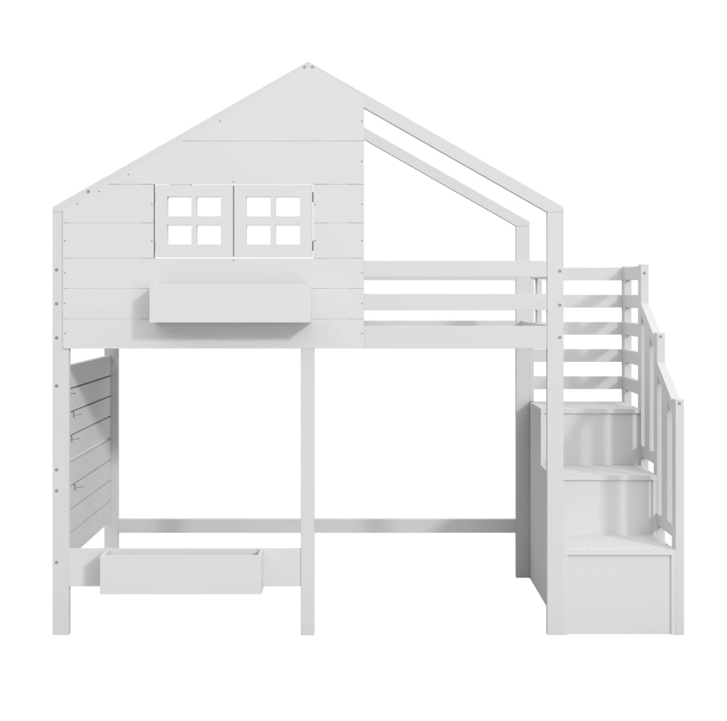 Letto a castello per bambini 90x200 cm con scala contenitore; finestra e struttura in pino bianco
