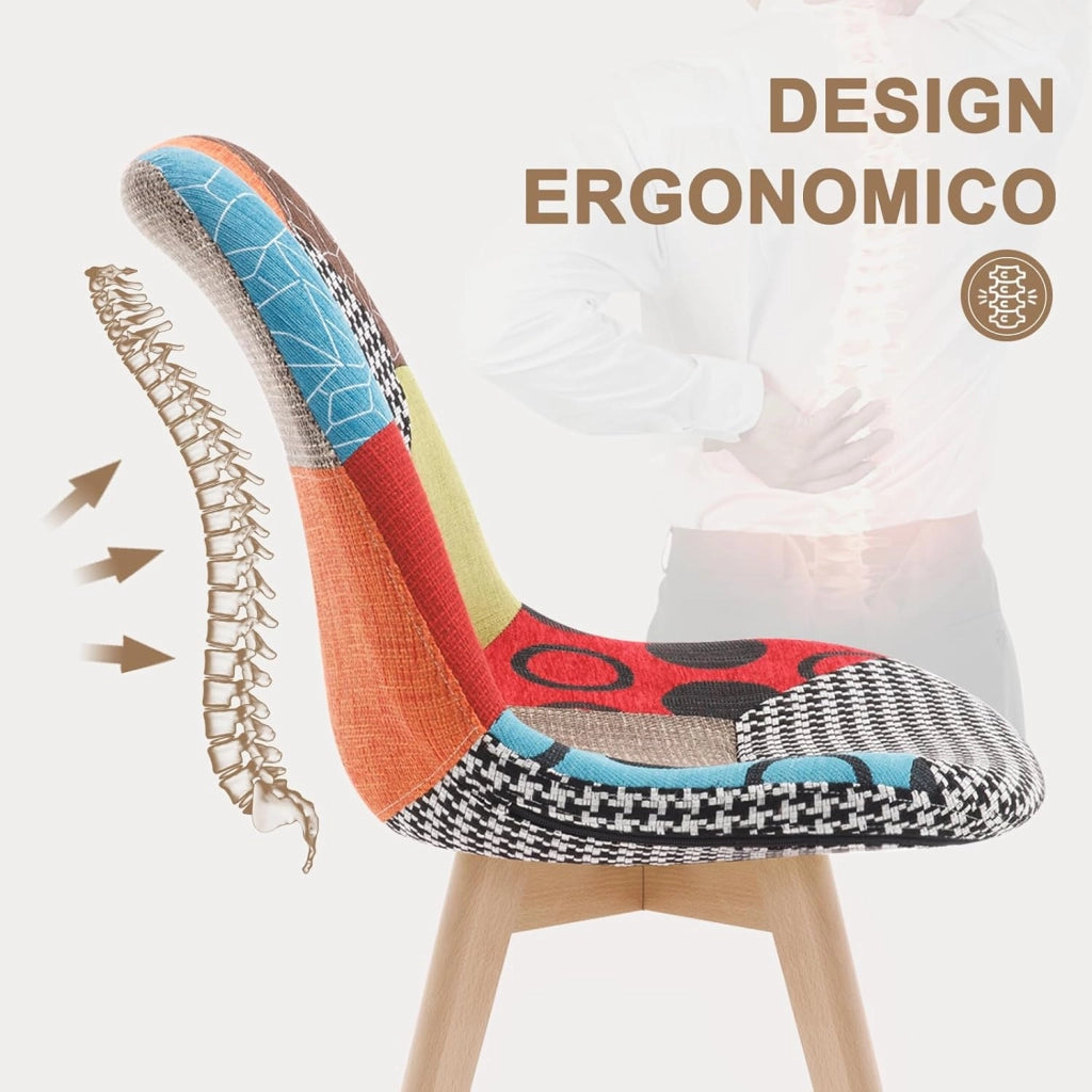 1 X Sedie per Sala da Pranzo Sedia da Scrivania con Schienale Rivestito in Tessuto di Lino Patchwork Gambe Legno Moderno BH29mf-1