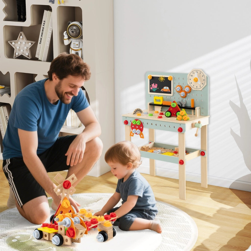 Banco degli attrezzi in legno per bambini, Banco da lavoro con set di attrezzi e orologio incantevole