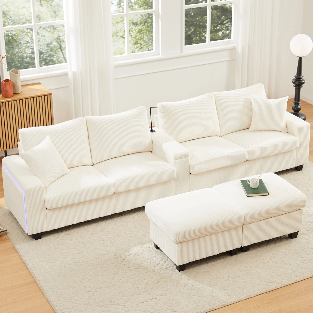Divano a U in velluto a coste con 2 pouf; lampada; USB/Type-C e LED; beige
