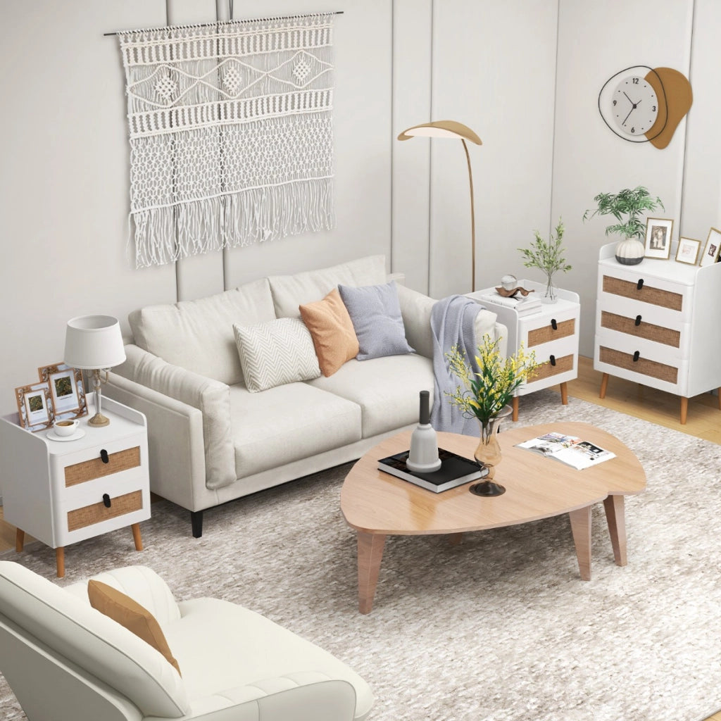 Comodino moderno con 2 cassetti gambe in legno massello stile boho, Tavolino laterale 45x40x57cm Bianco-Comodini