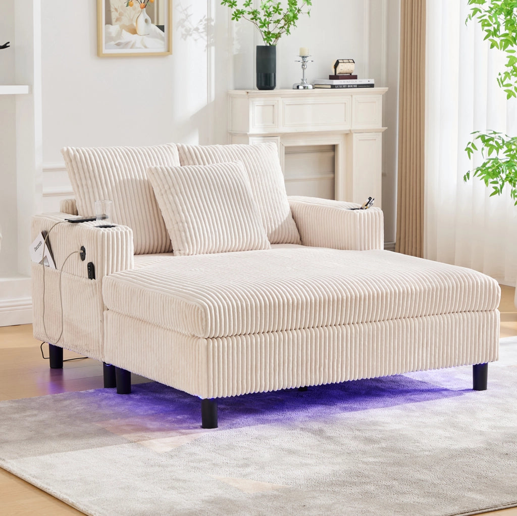 Poltrona relax oversize con LED; porta USB e portabevande; 142×128×85 cm; velluto a coste beige