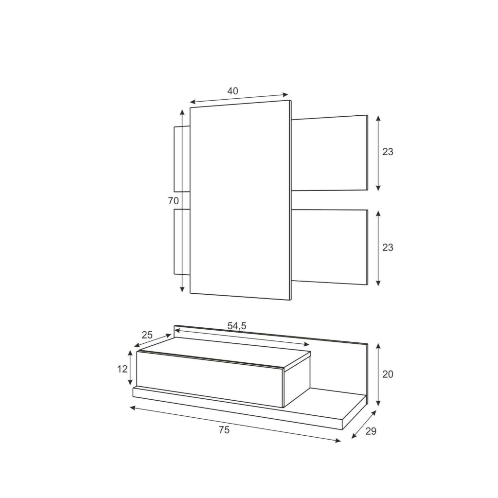Mobile da ingresso Anro, Entratina sospesa con specchio, Mobile con cassetto per entrata, cm 75x29h90, Bianco lucido e Noce