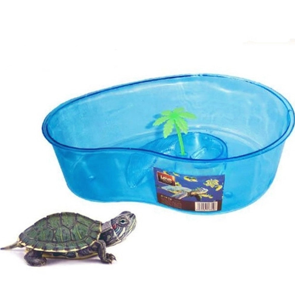 Trade Shop - Tartarughiera Blu Con Palma 32x12x23cm Animali Acquario Vasca Per Tartarughe -