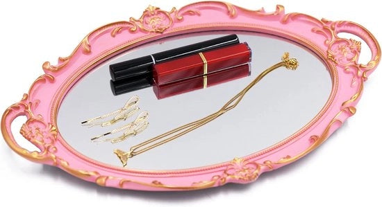 Specchio decorativo da tavola da 36,8 x 25,4 cm, organizzatore di trucco, organizzatore di gioielli, tavola da servizio, ovoidale rosa
