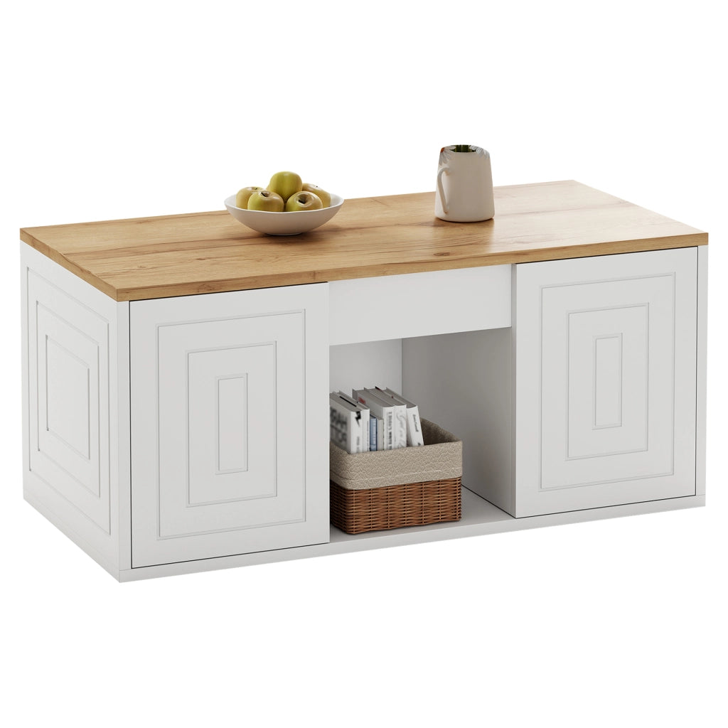 Tavolino basso sollevabile con 2 ante e 6 vani, per soggiorno, in pannello truciolare, bianco e naturale 46 × 95 × 45 cm