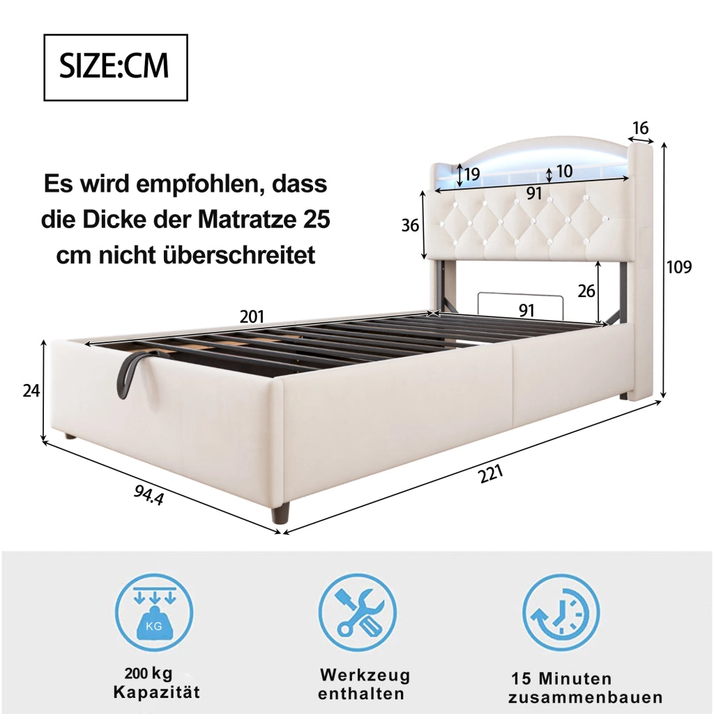DESMIU Litto per bambini 90 × 200 cm con contenitore, LED e USB, senza materasso, in velluto, beige