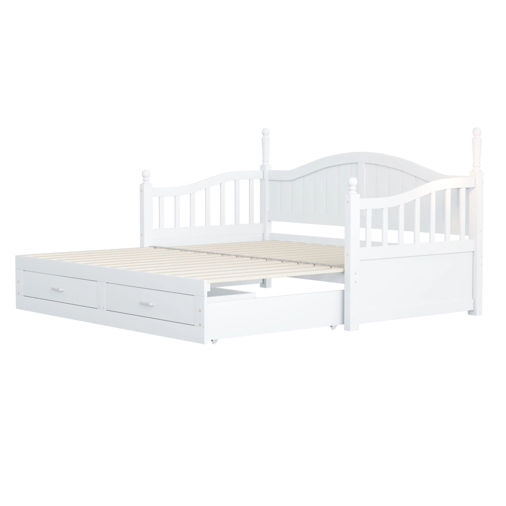 OKWISH Letto Divano Letto Singolo con 2 Cassetti, Schienale Curvo e Braccioli, 90×190 cm e 180×190 cm, senza Materasso, Legno, Bianco